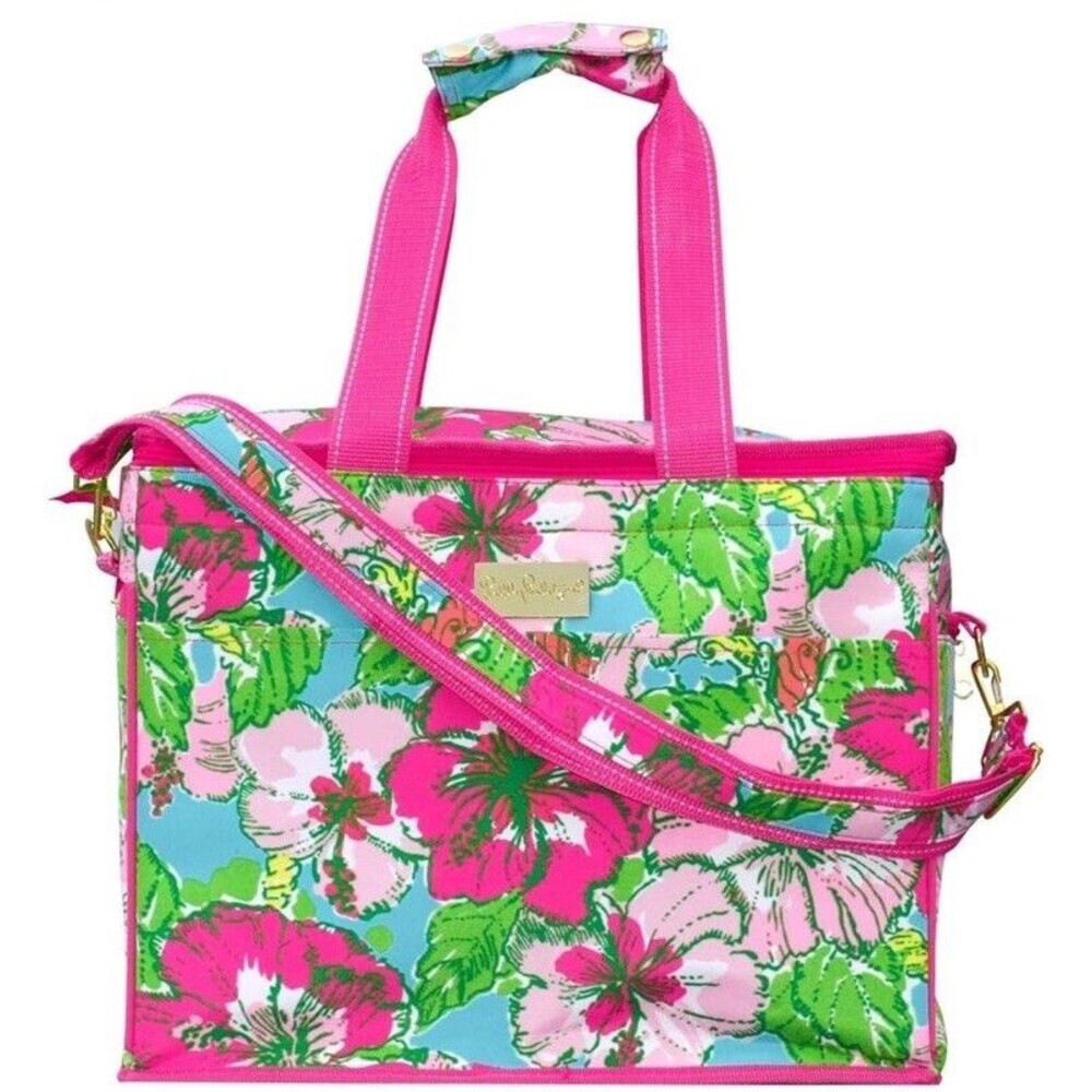 LILLY PULITZER Big Flirt Pink Tropical Hibiscus Insulated Cooler Tote Bag
